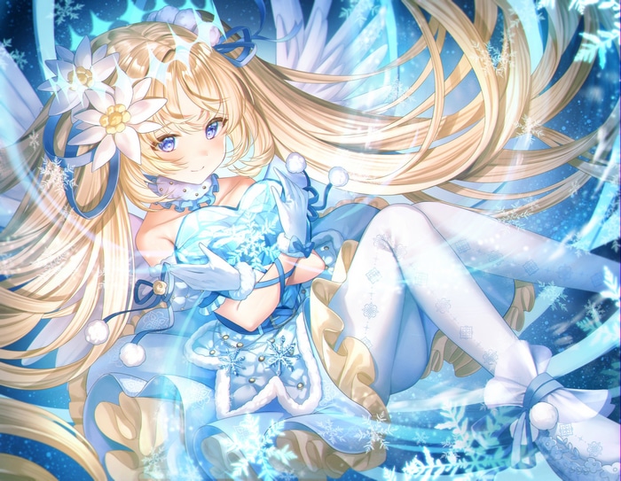 Anime girl with blonde hair and blue eyes holding a snowflake