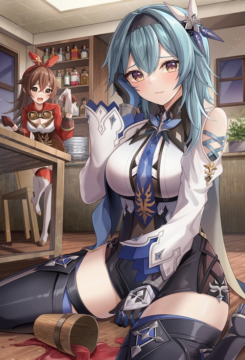 Eula and Amber from Genshin Impact in a kitchen