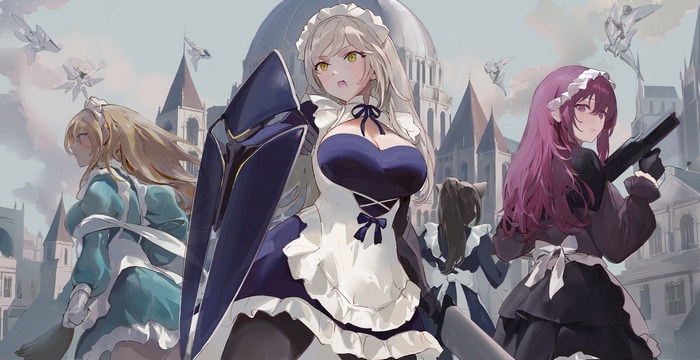 Anime maids with guns and shield in front of buildings