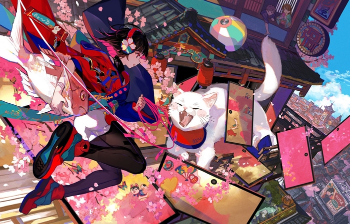 Anime girl with fish and cat in Japanese town