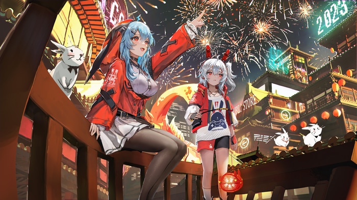 New Year Fireworks Celebration with Anime Characters
