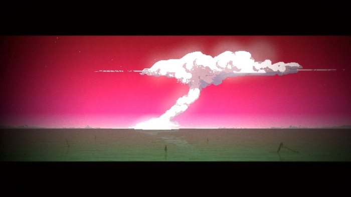 Signalis pixel art of a mushroom cloud over a desolate landscape