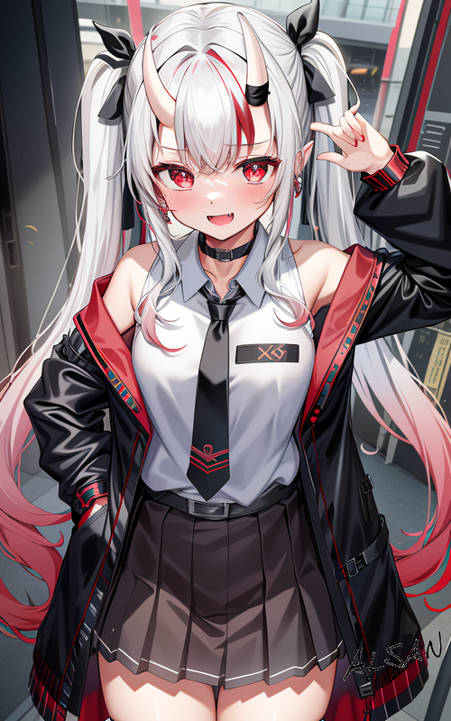 Nakiri Ayame in a school uniform with horns and twintails