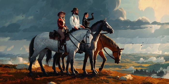 Artem Chebokha's painting of three people on horseback