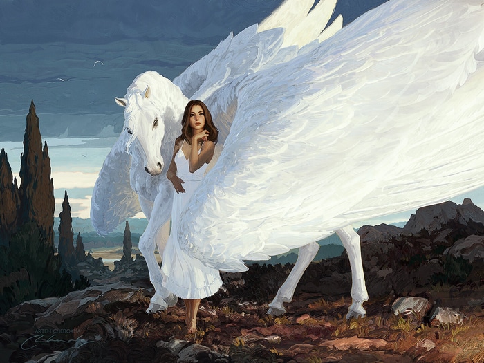 Woman in white dress with Pegasus