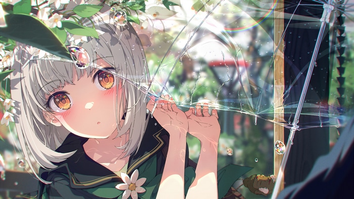 Girl with short white hair under a clear umbrella in the rain