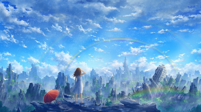 Girl with umbrella in post-apocalyptic city with rainbows