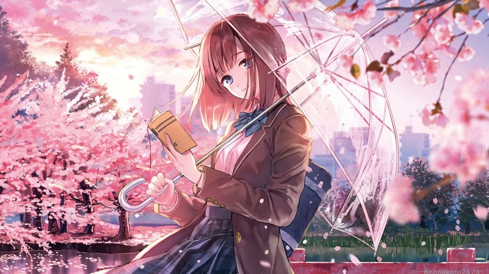 Schoolgirl with Umbrella Reading Under Cherry Blossoms