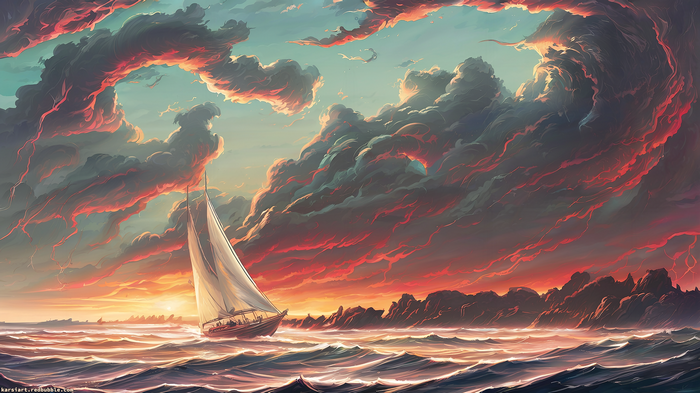 Sailboat on the ocean during a dramatic sunset with fiery clouds