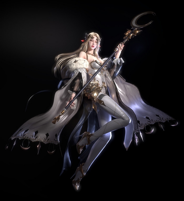 Fantasy girl with a staff on a black background