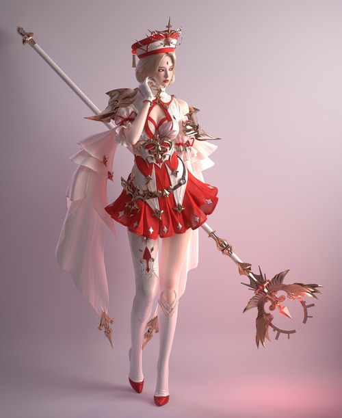 Fantasy girl in red and white outfit holding a staff