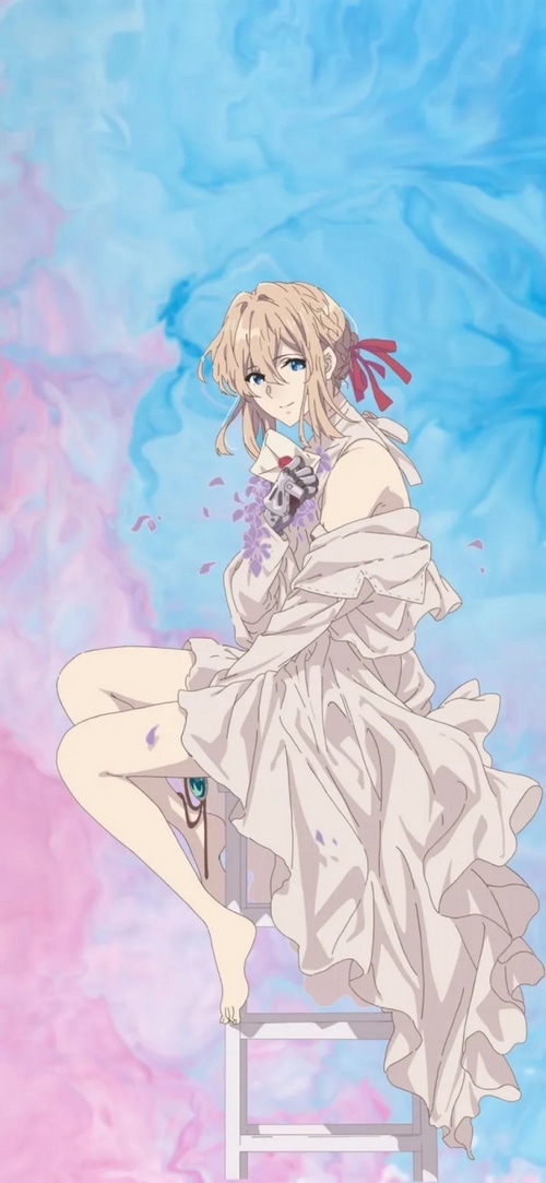 Violet Evergarden holding a letter with purple petals