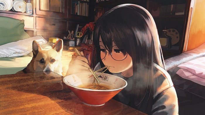 Girl eating noodles with Corgi in bedroom