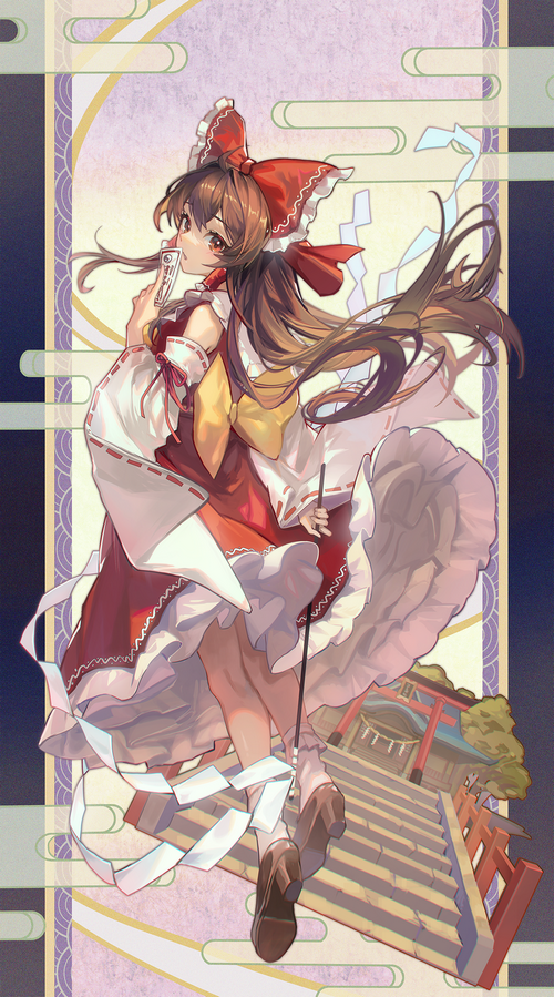 Reimu Hakurei standing on stairs with a shrine in the background