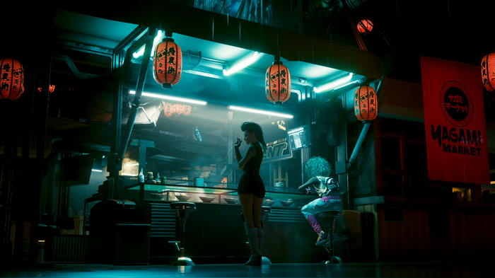 Cyberpunk 2077 street food stall with people