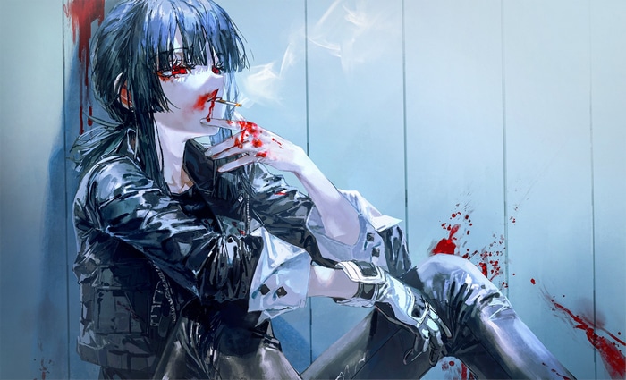Girl with red eyes smoking, covered in blood