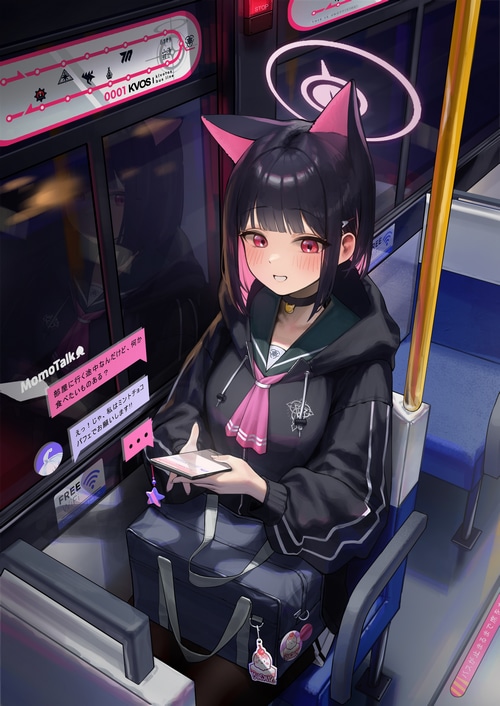 Kyouyama Kazusa on a bus with cat ears
