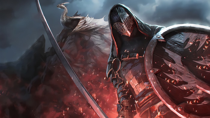 4K Dragon and Warrior with Sword and Shield