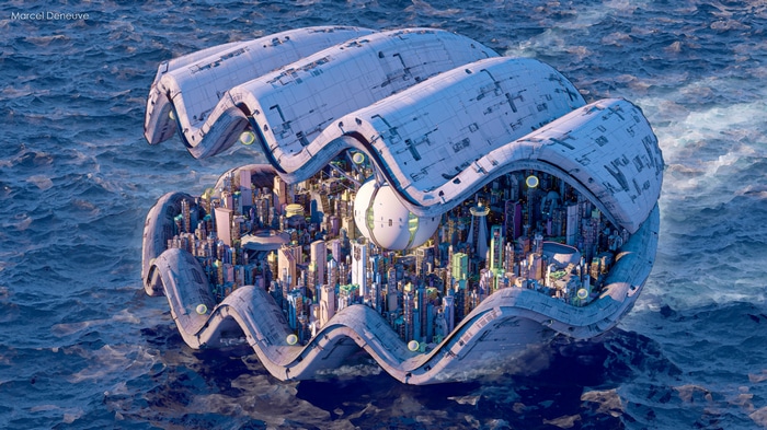 Futuristic city inside a giant seashell on the ocean