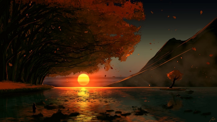 Sunset over a lake with falling leaves and a lone tree