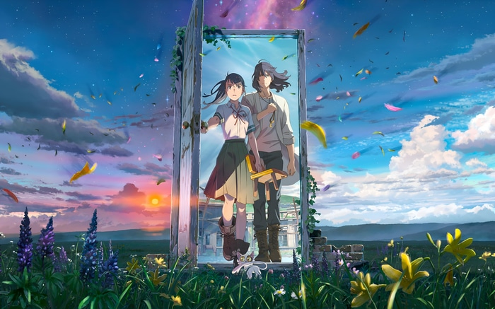 Suzume no Tojimari: A girl and a boy stand in a doorway