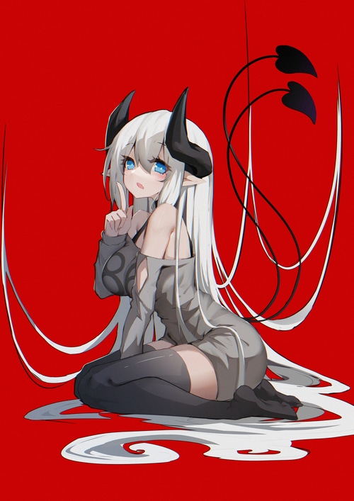 Demon girl with horns and tail on red background