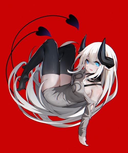 Demon girl with white hair and horns on red background