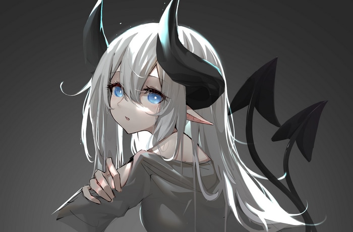 Anime demon girl with white hair and blue eyes