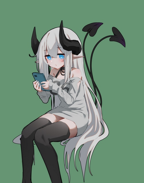 Demon girl with horns and tail using a phone