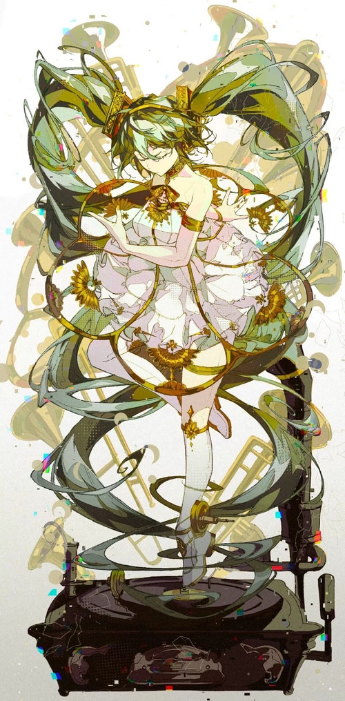 Hatsune Miku with Musical Instruments and Gramophone