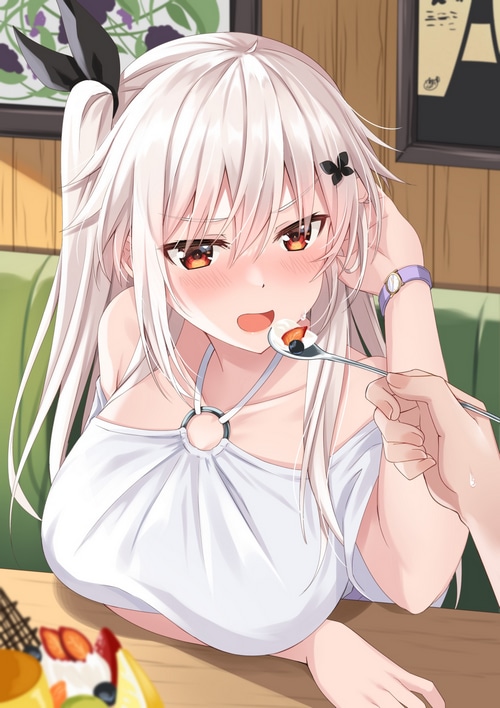 Anime girl with white hair being fed dessert