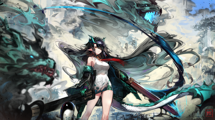 4K Arknights Dragon Girl with Scythe and Dragons