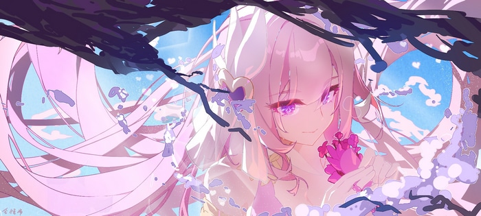 Elysia with pink hair and purple eyes holding a flower