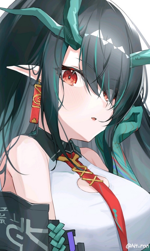 Dusk from Arknights with dragon horns and red eyes