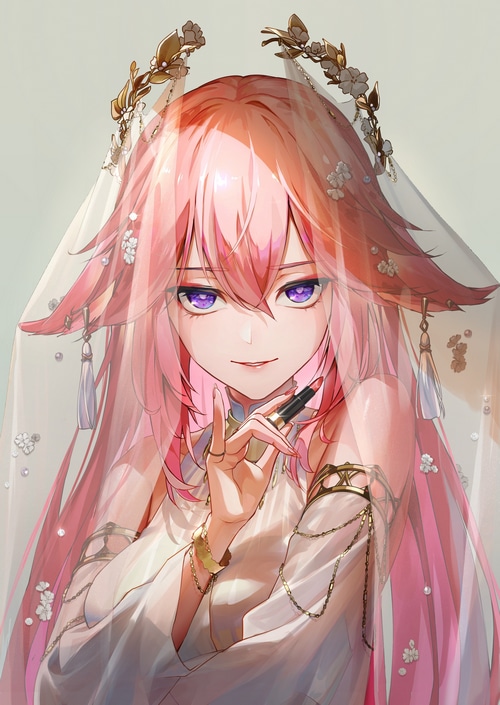 Yae Miko from Genshin Impact holding lipstick