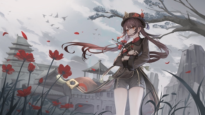 4K Genshin Impact Hu Tao with red flowers