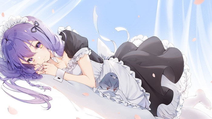 Maid with purple hair and braids lying down