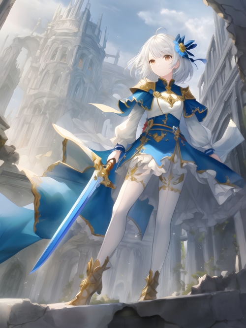 Anime girl with sword in ruins