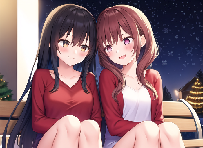 Two girls in red sweaters sitting on a bench at night
