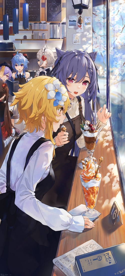 Genshin Impact characters Lumine, Keqing, Ganyu, Qiqi, Noelle, Hu Tao at cafe