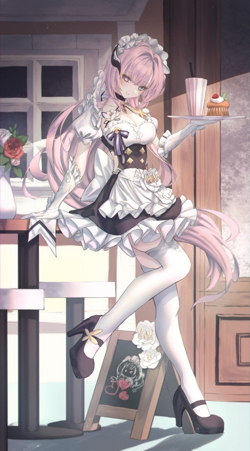 Elysia in a maid outfit serving a drink and cake