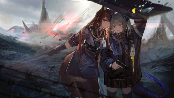 Arknights: Franka and Liskarm in a desolate landscape