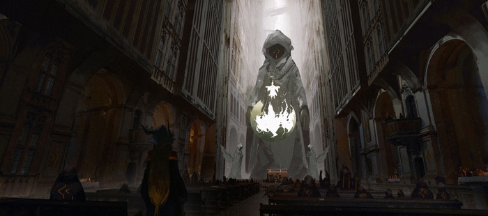 Fantasy art of a hooded figure in a cathedral