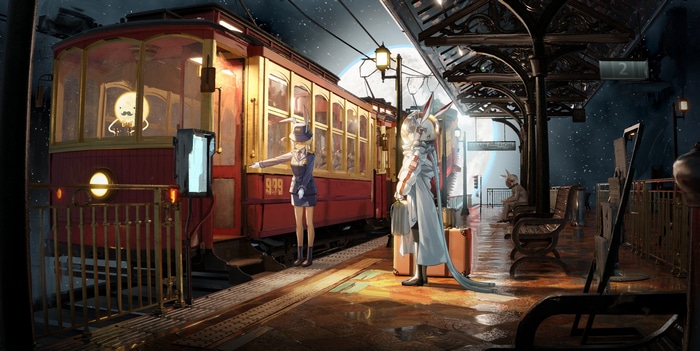 4K train station with bunny-eared characters and a tram