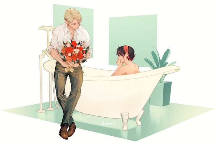 Loid Forger gives flowers to Yor Forger in a bathtub