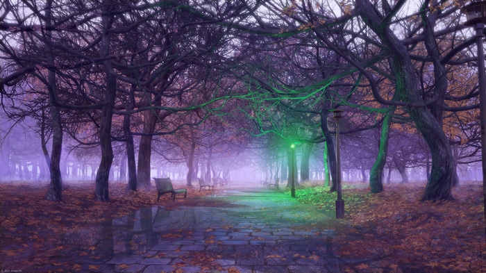 4K park path with trees and benches