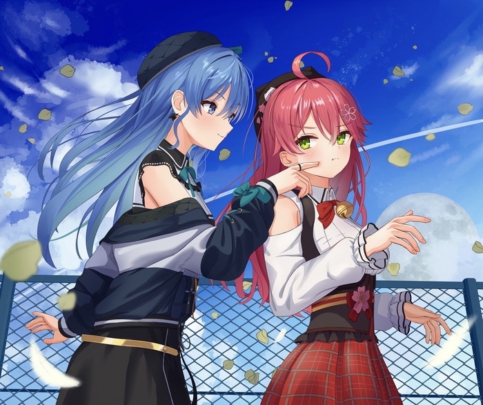 Hoshimachi Suisei and Sakura Miko under the sky