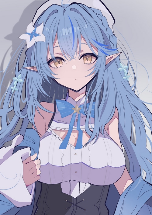 Yukihana Lamy with blue hair and yellow eyes
