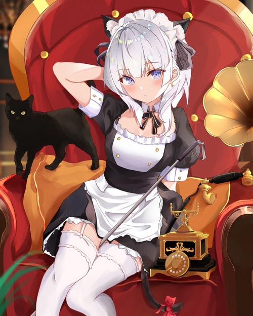 Anime girl in maid outfit with cat ears and black cat
