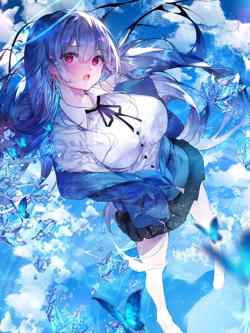 Anime girl with blue hair and red eyes in the sky